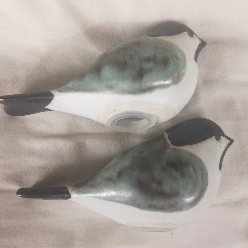 Chickadee Salt and Pepper Shakers Set Grey Green Excellent Ceramic Bird